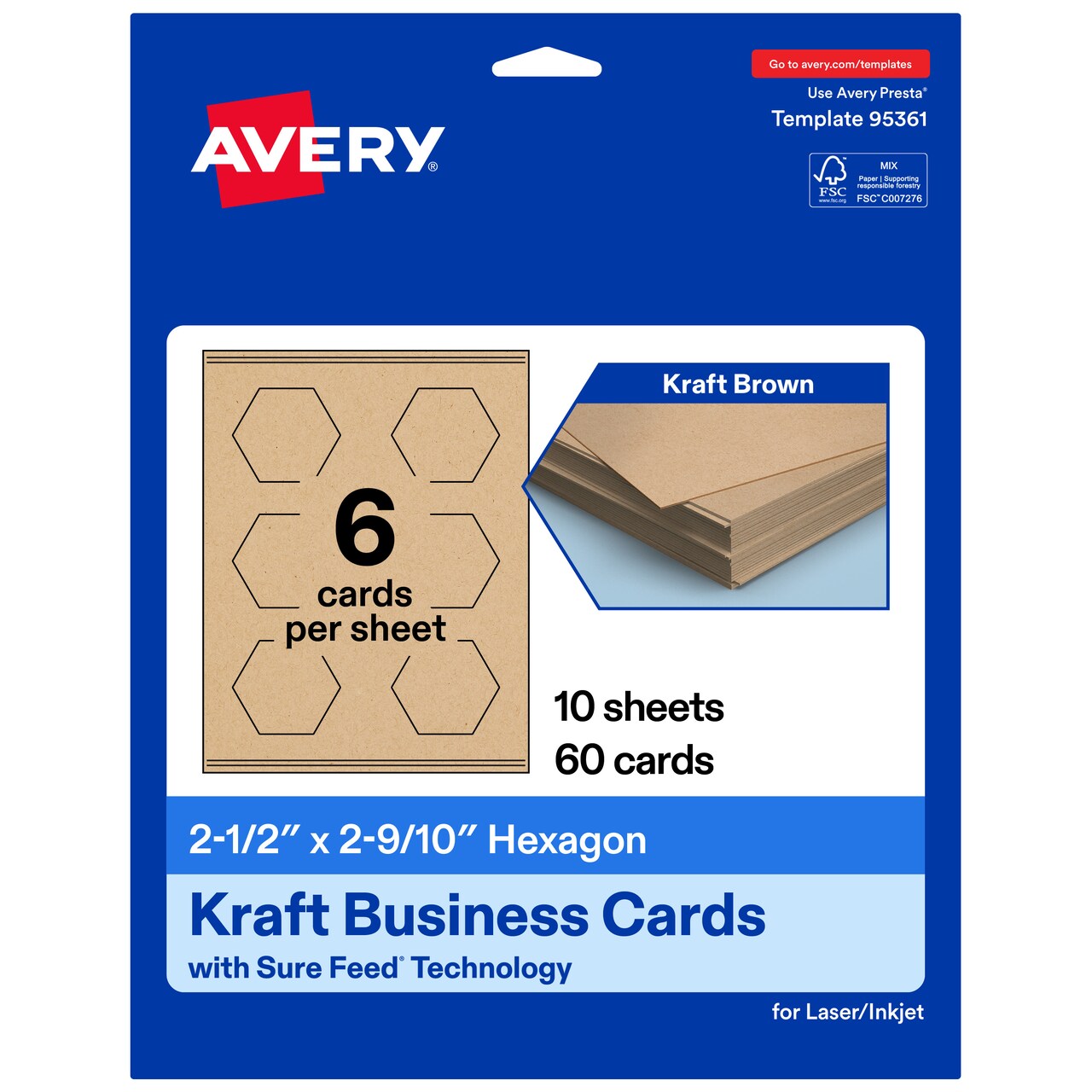 Avery Printable Hexagon Business Cards, Sure Feed Technology, 2-1/2" x 2-9/10", Matte Kraft Brown Cardstock, Print-to-The-Edge, Laser/Inkjet Printable, 60 Total